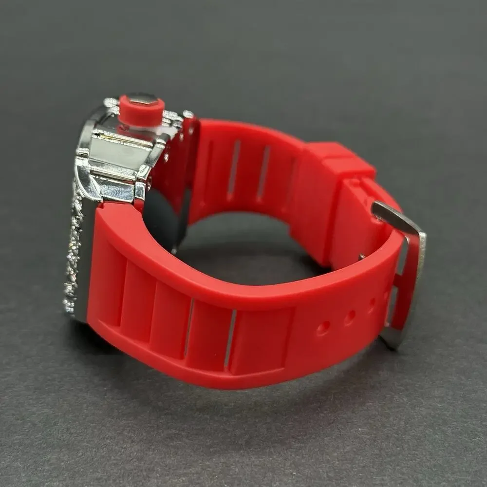 Men's Avant-Garde Tonneau Sport Watch Fully Iced Out Bezel & Vibrant Red Band